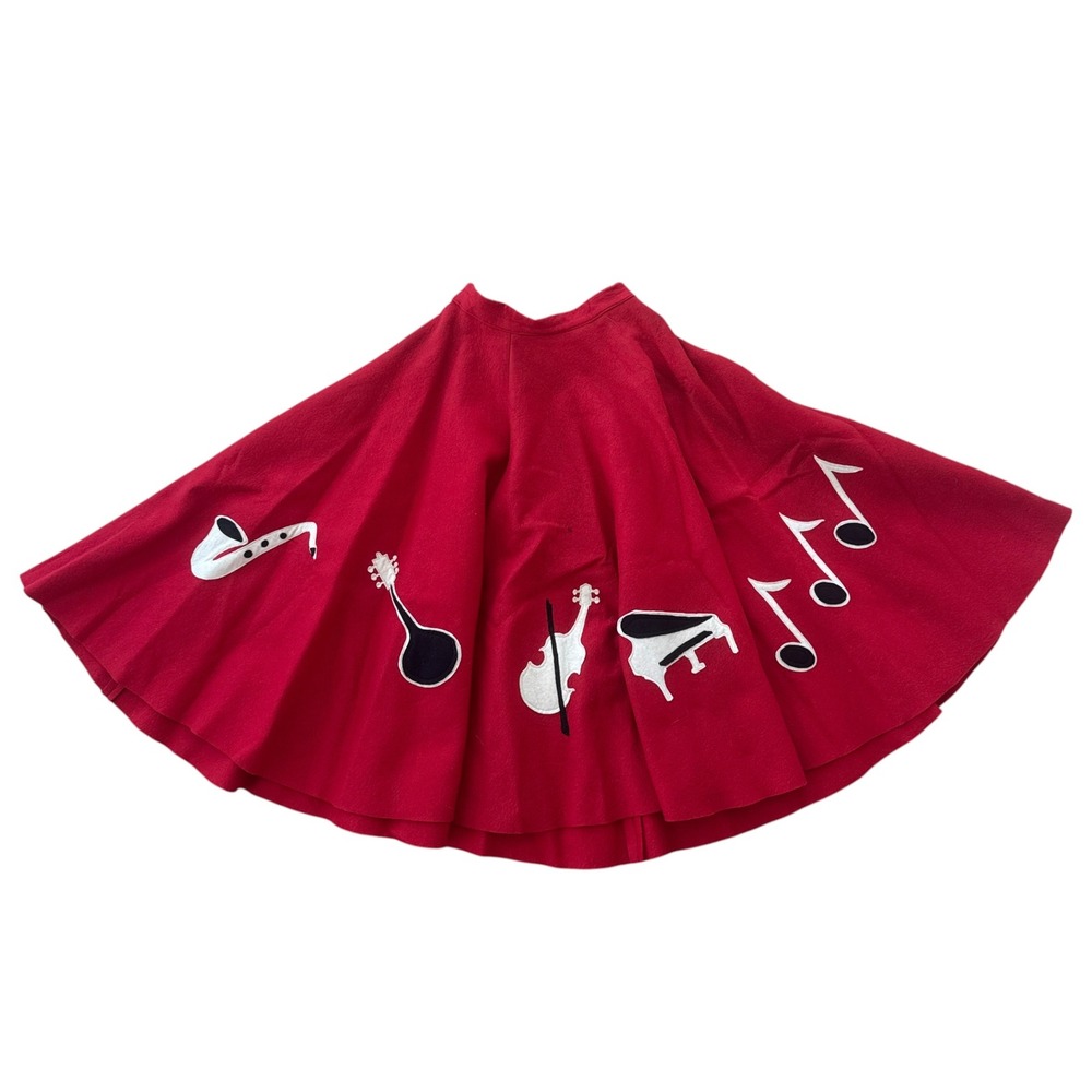 Vintage 1950s Wool Felt Circle Skirt Jazz Music Applique Red XS 20 Waist